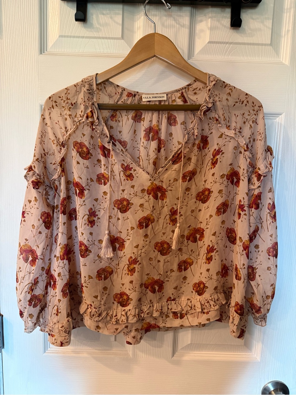 Ulla Johnson Blush Floral Tie-Neck Ruffle Blouse